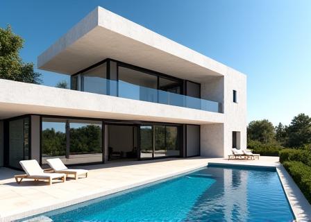 Exterior de una villa moderna en La Moraleja con piscina